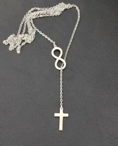 Unendlichkeit Symbol Kreuz Anhänger Halskette Edelstahl Schmuck Silber KE113A - Bild 1 von 6