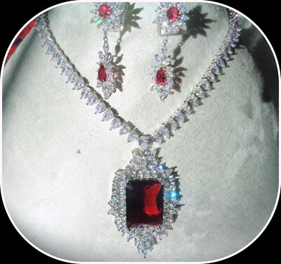 RUBY LABCREATE UNTREAT NECKLACE EARRING SET 18K WHITE GOLD FILLED COCKTAIL PARTY - Image 1 of 4