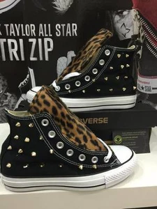 Converse all star personalizzate Nere Linguetta Leopardate borchie oro a punta  - Picture 1 of 2