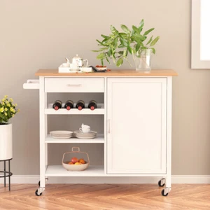 Kitchen Island Trolley Serving Cart Drawer Shelf Wine Rack Buffet Sideboard Wood - Picture 1 of 11