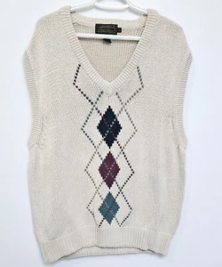 Eddie Bauer Mens Sz XL Chunky Knit Argyle V Neck Sweater Vest Oat 100% Cotton - Picture 1 of 6