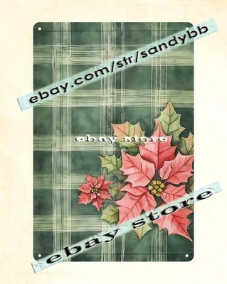 Green Plaid Poinsettia Tin Sign Rustic Holiday Design - Image 1 of 4