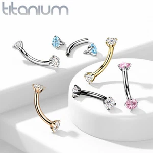 Implant Grade Titanium Prong Set CZ Curved Bars Internally Thread Eyebrow Rings - Picture 1 of 16