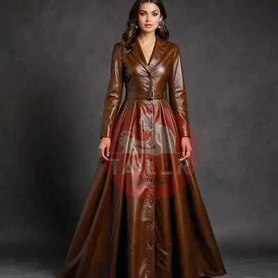 Maxi Vestido de Boda de Cuero de Cordero Marrón para Mujer Botón Frontal Calce Ajustado Dama Vestido Foto 1 de 3