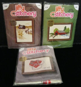 LOT OF 3 VINTAGE JIFFY STITCHERY KITS SUMMER WHEAT COVERED BRIDGE AND SNEAKERS!! - Picture 1 of 7