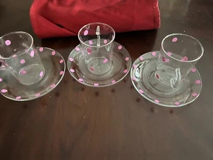 Set Of 3 Glass mugs/saucers, Schott Mainz German Glassware Pink Dots - Picture 1 of 8