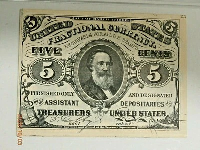 PMG 64 CERTIFIED 5 CENT THIRD ISSUE GREEN BACK LETTER "a" ON FRONT FR 1239  - Image 1 of 4