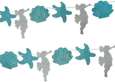 Guirnalda Fiesta Cumpleaños Sirena, Tono Azul y Plata Brillante Concha Marina Mar 98.5" Foto 1 de 4