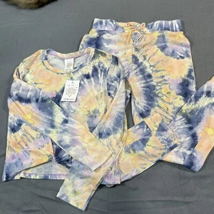 Self Esteem Girl Kid L 10 Sport Set Pants Tie Dye Crop Twist Rib Blue Yellow NWT - Picture 1 of 13