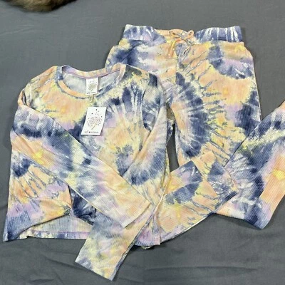 Conjunto deportivo de autoestima para niña niño L 10 pantalones tie dye crop twist costilla azul amarillo nuevo con etiquetas Foto 1 de 4