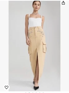 Self Portrait Embellished Cargo Denim Khaki Maxi Skirt Safari Camp Size 8 NWT - Picture 1 of 8