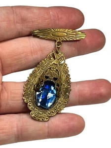 Antike viktorianische Messing & blaue Strass Brosche Hänger Medaillon Vintage  - Bild 1 von 8