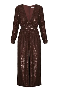 UNDRESS sz XS Clara Dark Brown Sequin Slit Front Midi Dress NWT - Picture 1 of 4