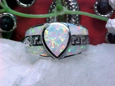 🔥 AUSTRALIAN OPAL INLAY RING AAA++ 9x7mm PEAR GREEK KEY DESIGN 925 SOLID SS Sz5 - Image 1 of 4