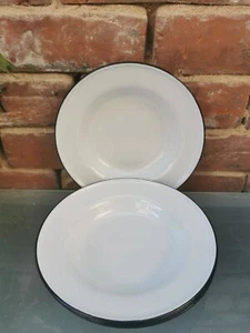 HONG KONG ENAMEL SHALLOW PICNIC BOWLS BLACK RIM X 6 20CMS VINTAGE, NOT USED - Picture 1 of 5