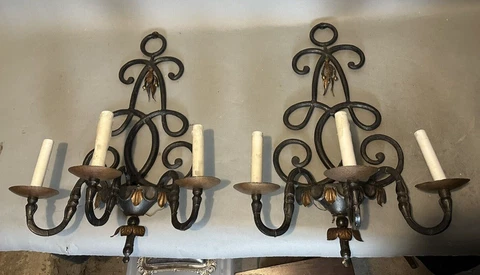 Pair of Antique Gothic Wrought Iron Candelabra Wall Lamp Light Sconces Cover