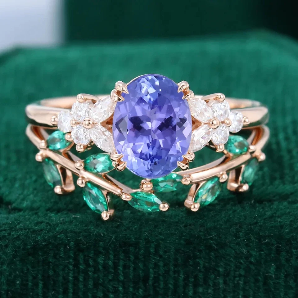 Conjunto de anel de noiva azul tanzanita corte oval 2,50 quilates criado em laboratório folheado a ouro rosa 14K - Imagem 1 de 1