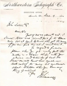 NORTHWESTERN TELEGRAPH SIMMONS 1884 ALMA MINE VENTA CARTA FORTUNA PARK CO - Imagen 1 de 2
