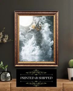 Mystical Fox With Flower Crown Under Moonlight Fantasy Animal Wall Art Print - Picture 1 of 5