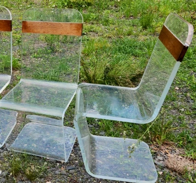 2 sillas voladizas gruesas gruesas Lucite lateral Z de mediados de siglo modernas con madera RARAS Foto 1 de 4