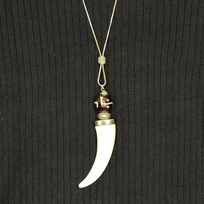 Chico’s 19” Pendant Necklace Faux Ivory Horn Gold Tone Metal Brown Accent Bead - Image 1 of 3