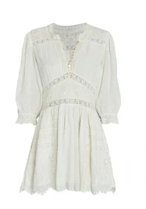 Love Shack Fancy Leno Mini Dress 3/4 Sleeve V Neck Womens White Size 4 - Picture 1 of 17