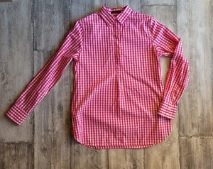 Lands End Women 6 Button Shirt Plaid Long Sleeve Berry Pink White cotton - Picture 1 of 2
