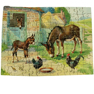 Victory Plywood Jigsaw Puzzle 104 Pc COMPLETE Barnyard Donkeys Chickens Ages 5-7 - Image 1 of 4