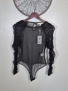 Neu mit Etikett Chelsea & Violet geraffter Langarm-Tanga Netz Punkte Body Größe S - Bild 1 von 6