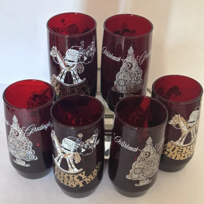 VTG Mid Century MCM Retro RUBY RED Gold Christmas Tumblers Set 6 Glasses RARE - Image 1 of 4