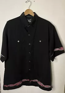 Vintage Biker Button Up Size XL 90s Black Red Embroidered Flames Goth Style - Picture 1 of 5