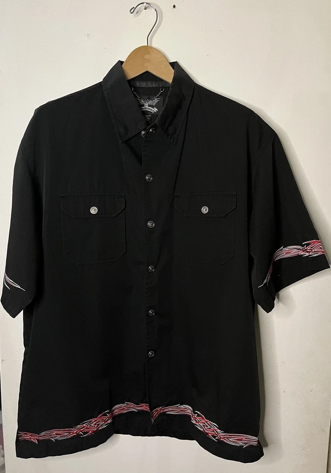 Винтажный мотоциклиста кнопка вверх размер XL 90-х черный красный вышитое пламя готический стиль - Изображение 1 из 4