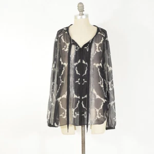 Elie Tahari Blouse L Gray & Green Paisley Print Sheer Silk Chiffon Long Sleeve - Picture 1 of 7