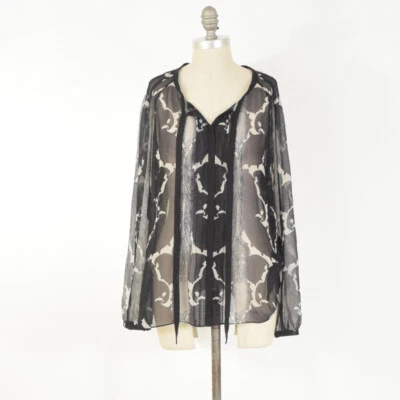 Blusa Elie Tahari L Gris y Verde Estampado Paisley Seda Transparente Gasa Manga Larga Foto 1 de 4