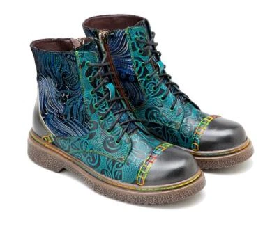 Mujer Punk Cuero Genuino Retro Con Cordones Cremallera Floral Plano Botines Zapatos Foto 1 de 4