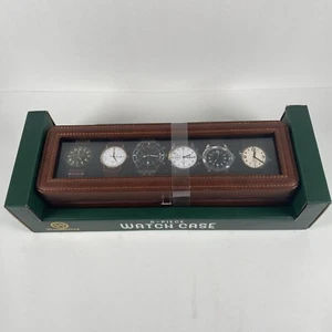 Woodbury 6 Piece Brown Leather Watch Case Built In Metal Frame Polished Nickel - Picture 1 of 4