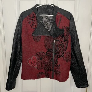 Desigual Wool Blend and Vegan Leather Black and Red Moto Jacket 42 - Picture 1 of 10