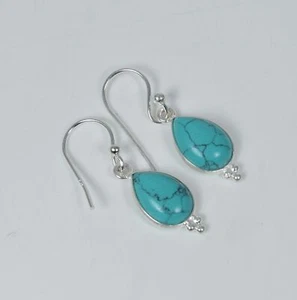 925 Solid Sterling Silver Blue Turquoise Hook Earring-1.2 Inch L403 - Picture 1 of 4