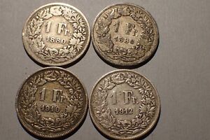Switzerland Lot Of 1 Franc Silver Coins: 1880 1886 1910 1912 KM #24 better dates