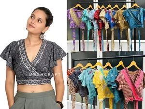 10 Pcs Assorted Vintage Recycled Silk V neck Crop Top Flutter Sleeve Boho Retro - Picture 1 of 19