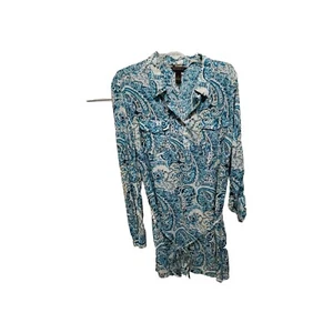 Bit & Bridle Dress Size 1X Turquoise White Floral Long Sleeve Roll Tab NWT - Picture 1 of 11