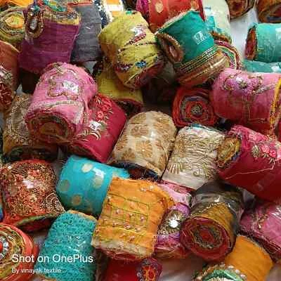 Assorted 100g Embroidered Recycled Sari Silk ribbon, Embellished ribbon-colorful - Image 1 of 4