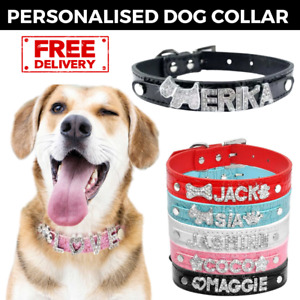 Dog Pet Collar Leather Adjustable Size Personalised Puppy Collars Rhinestone