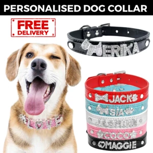 Dog Pet Collar Leather Adjustable Size Personalised Puppy Collars Rhinestone - Picture 1 of 15