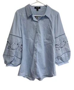 AZI Button Front Blouse Blue Size Large Embroidered Cottagecore NWT - Picture 1 of 6