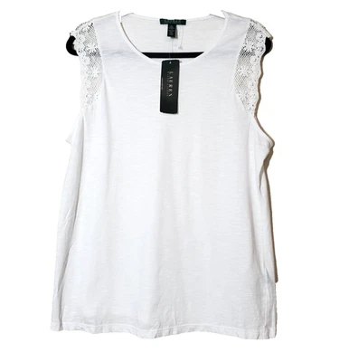 Lauren Ralph Lauren XL Womens Lace Trim Tank Top NWT White Cotton Modal  - Image 1 of 4