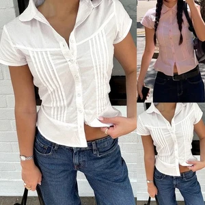 Fashionable Dates Short-sleeved Shirt Pleated Shirt Button Closure Classic Look - Picture 1 of 18