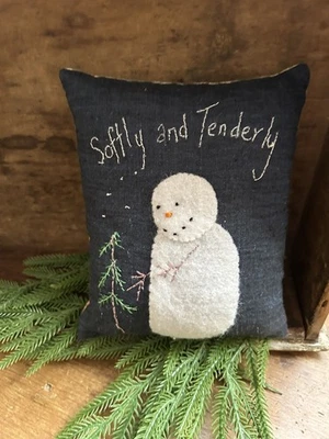 Primitive Stitchery Snow Man Pillow  Christmas Tree  Softly and Tenderly - Image 1 of 2