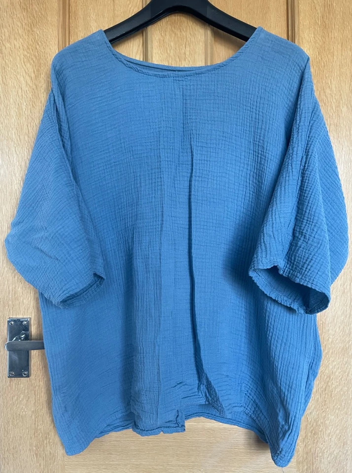 Mid Blue Linen Mix Round Neck Drop Sleeve Top - Image 1 of 4