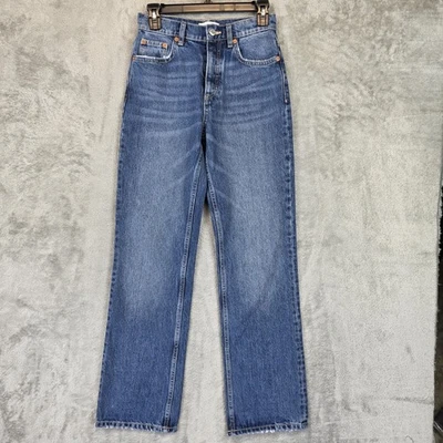 Jeans Zara Mujer US 2 Azul Medio Lavado Tiro Alto Pierna Recta Botón Mosca Algodón Foto 1 de 4
